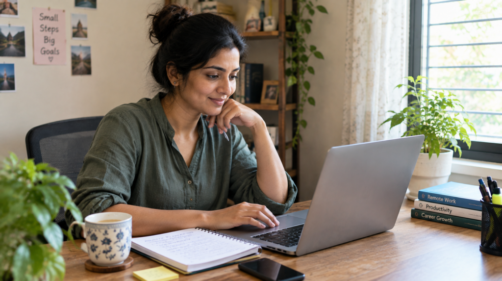 Woman working in a legitimate work-from-home job from her home office in India