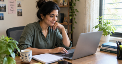 Woman working in a legitimate work-from-home job from her home office in India