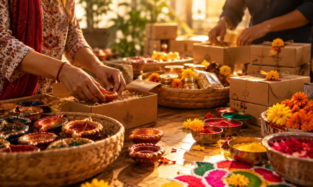 Entrepreneur preparing festive products for Diwali and wedding season business